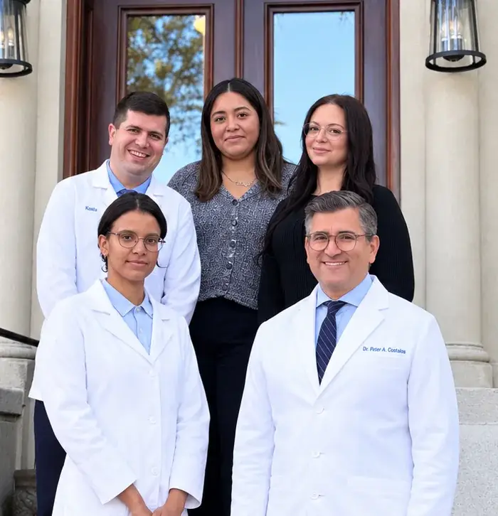 Dr. Peter A. Costalos and the Costalos Orthodontics team on the front steps of 466 Bay Ridge Parkway